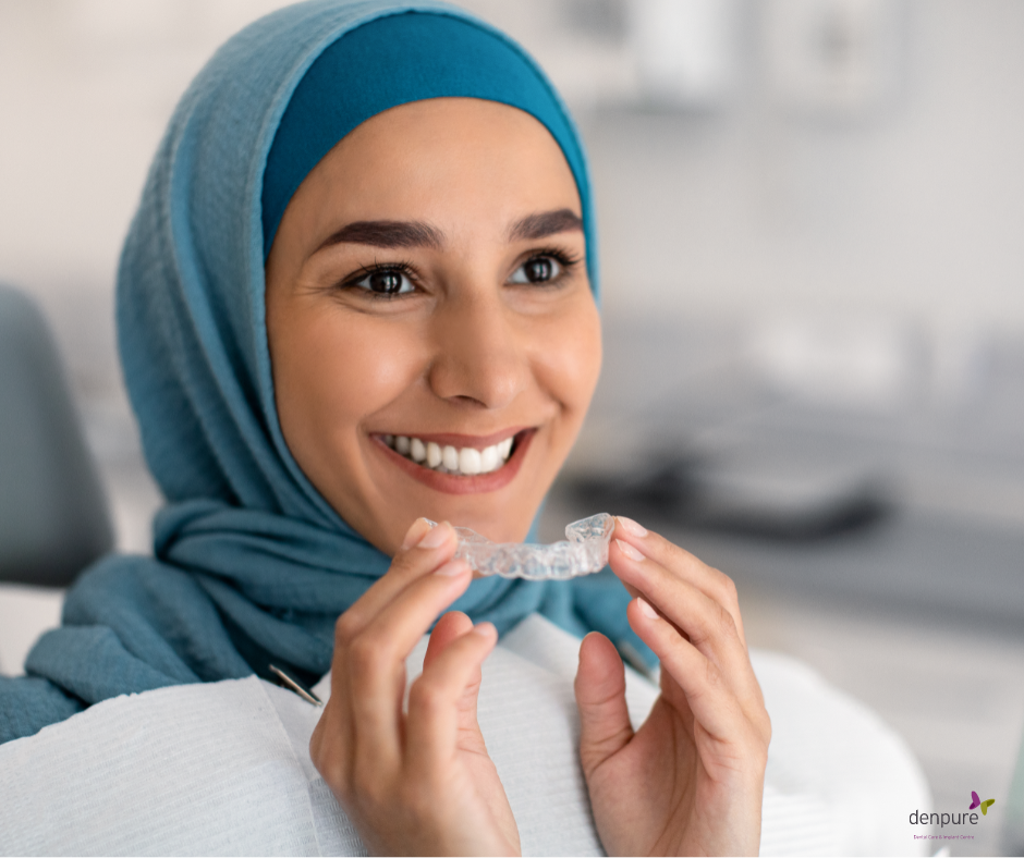 Close up of smiling lady wearing a headscarf. She is trying on her Invisalign 