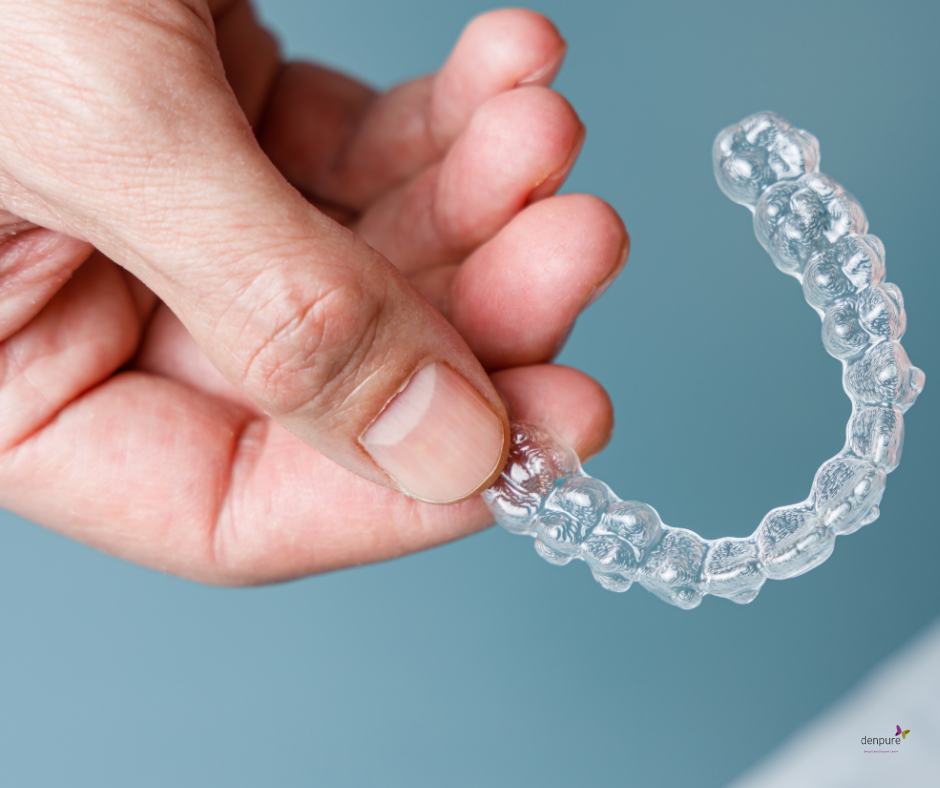 Close up of a hand holding an Invisalign aligner